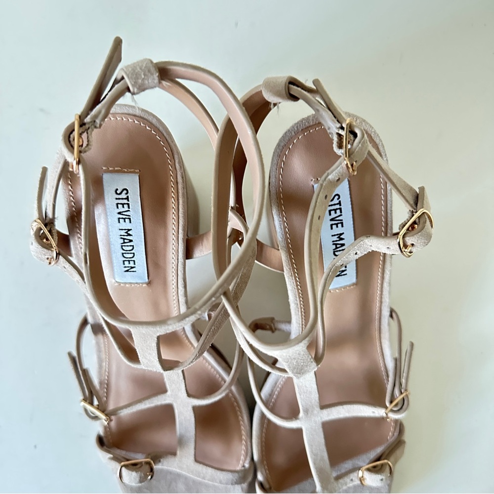 NEW Steve Madden Daelene Tan Suede Strappy Block Heel Platform Sandals, Sz 9M - Picture 12 of 16